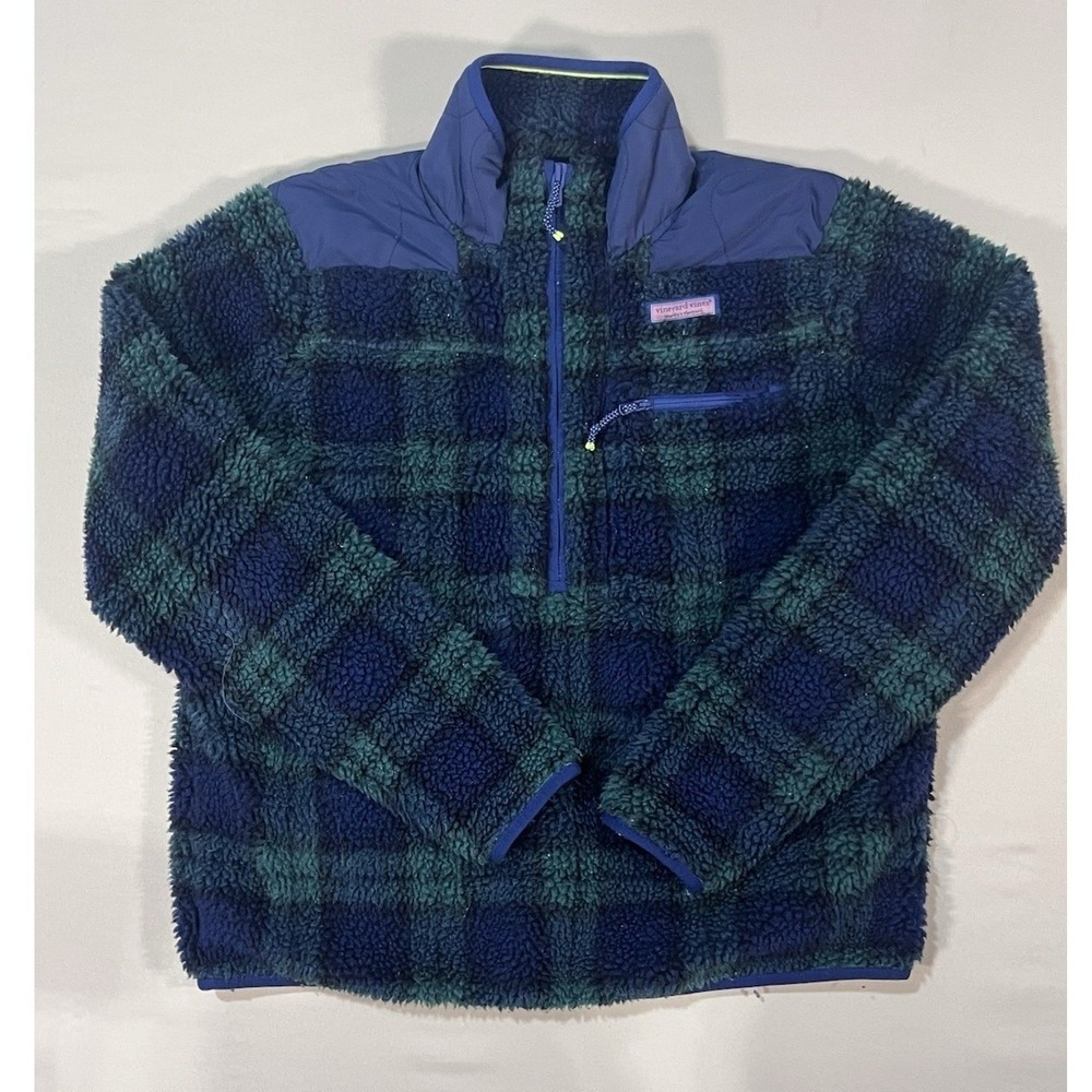 Women M Blue Green Plaid Sherpa Fleece Quarter Zip Pullover Outdoors Cozy Hiking